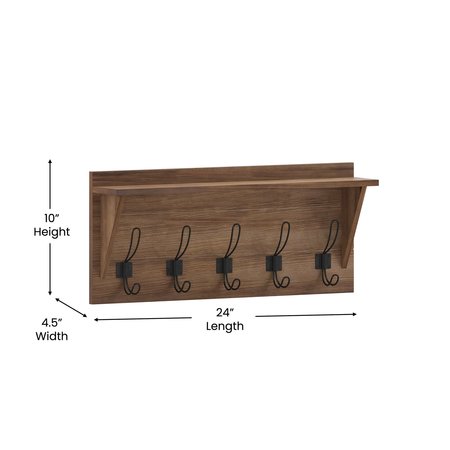 Flash Furniture 24" Rustic Brown Wall Mount Shelf with Hanging Hooks HFKHD-GDIS-CRE8-832315-GG